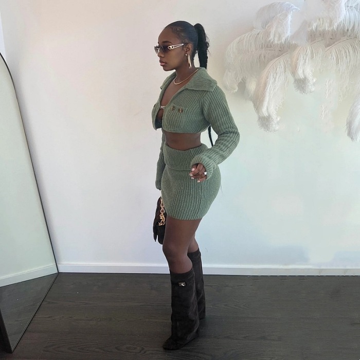 SUPER WHOLESALE | Knitted Skirt Set with Chain Decor