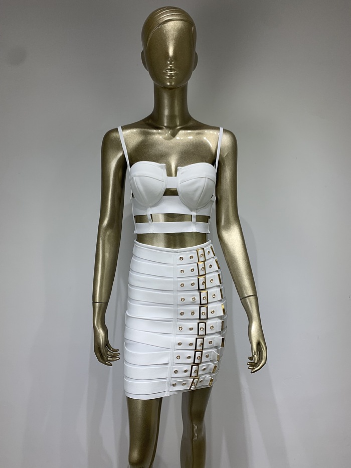 SUPER WHOLESALE |  Buckle Decor Skirt Set in White
