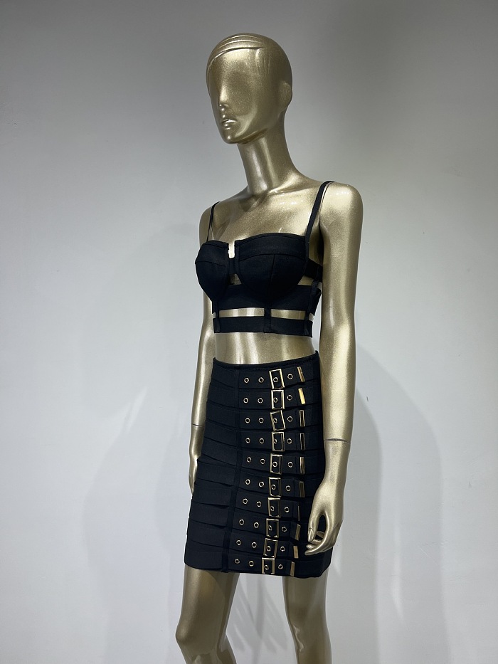 SUPER WHOLESALE |  Buckle Decor Skirt Set in Black