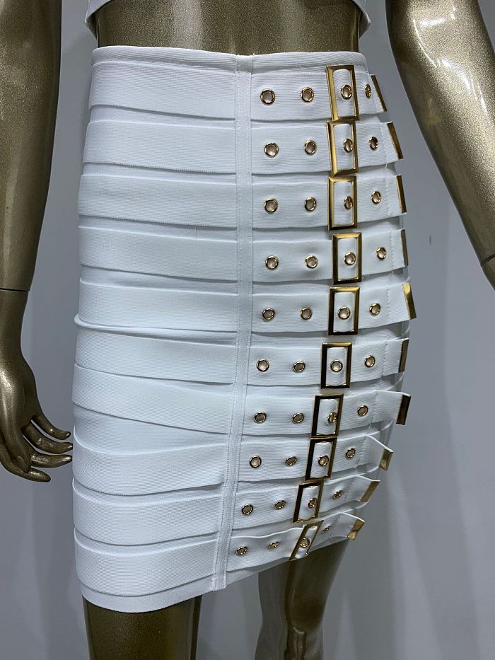 SUPER WHOLESALE |  Buckle Decor Skirt Set in White