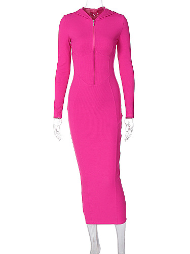 SUPER WHOLESALE |  Half Zip Up Hoodie Long Dress in Rose Red