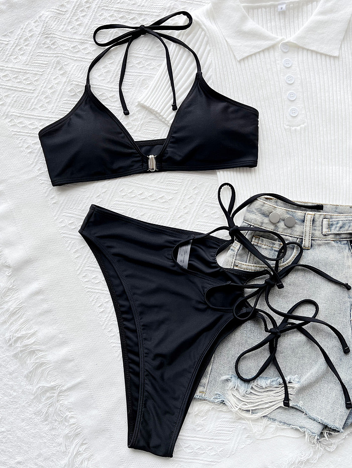 SUPER WHOLESALE | Cut-out Halter Swimwear in Black