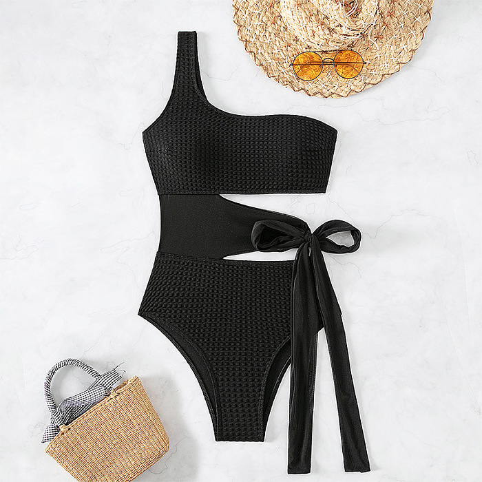 SUPER WHOLESALE | One-shoulder Side Hollow-out One-piece Swimwear