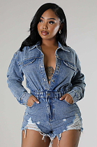 SUPER WHOLESALE | Denim Blue High Elastic Distress Romper