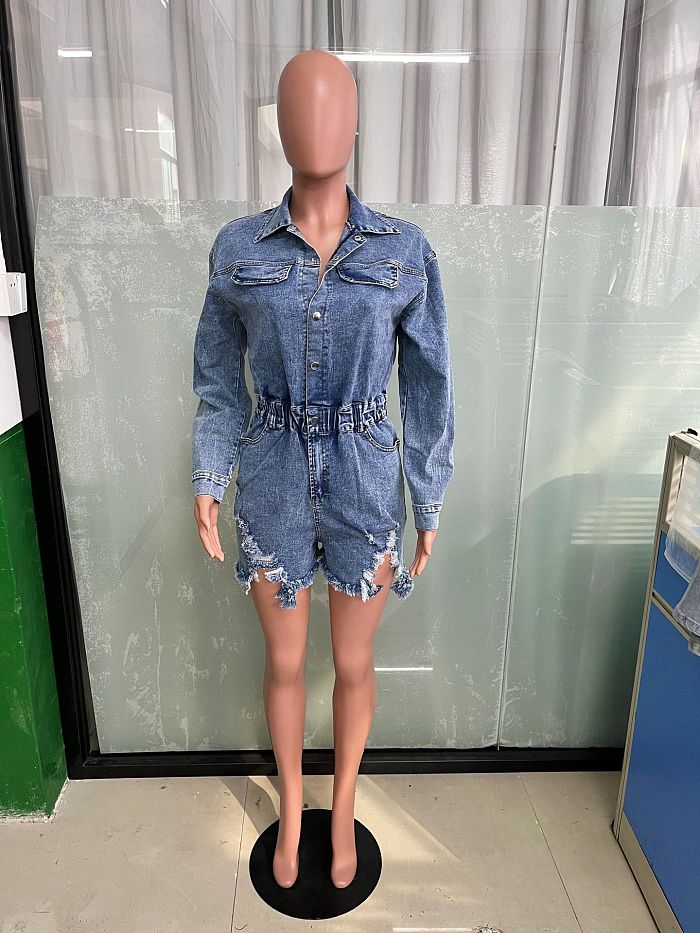SUPER WHOLESALE | Denim Blue High Elastic Distress Romper