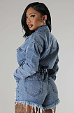 SUPER WHOLESALE | Denim Blue High Elastic Distress Romper