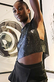 SUPER WHOLESALE | Sequins Off Shoulder T-Shirt Top in Black