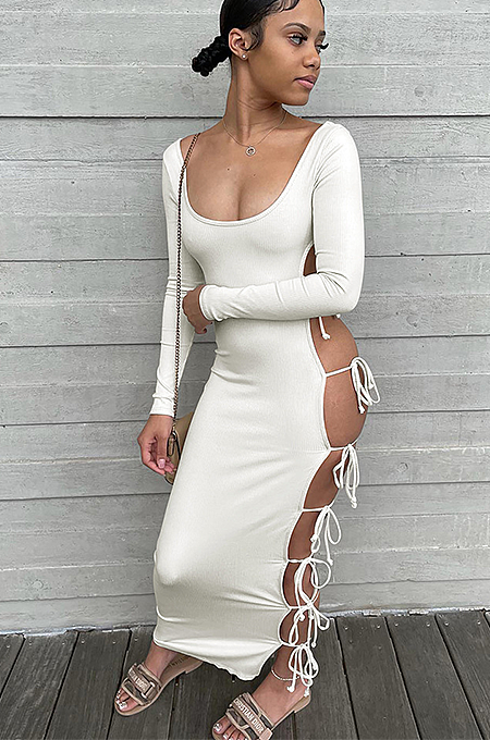 SUPER WHOLESALE |  Side Tied Plunging Neck Long Dress