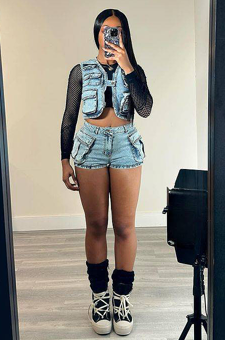 SUPER WHOLESALE |  Elastic Pockets Short Set in Denim Blue