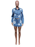 SUPER WHOLESALE |  Flower Graph Printed Denim Skirt Set