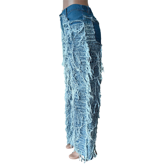 SUPER WHOLESALE |  Fashion Frayed Tassel Elastic Denim Long Pants
