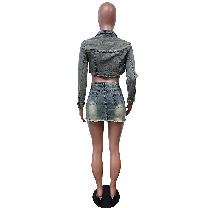 SUPER WHOLESALE |  Aged Elastic Denim Skirt Set