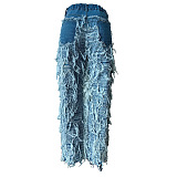 SUPER WHOLESALE |  Fashion Frayed Tassel Elastic Denim Long Pants