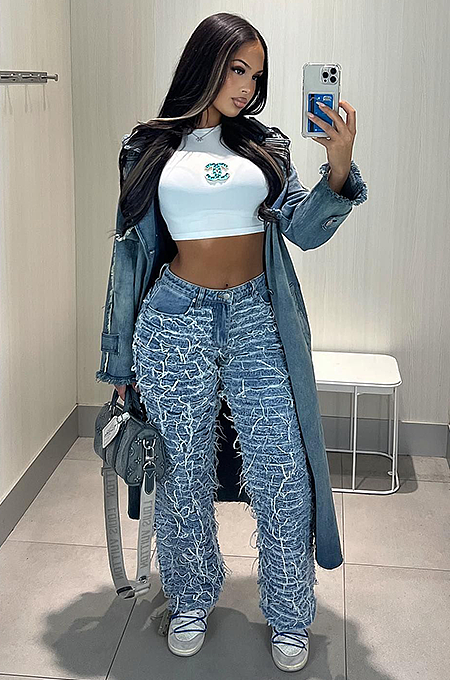 SUPER WHOLESALE |  Fashion Frayed Tassel Elastic Denim Long Pants