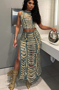 SUPER WHOLESALE |  Disstress Side Split Skirt Set