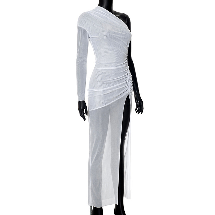 SUPER WHOLESALE | Side Split One Shoulder Dress in all White