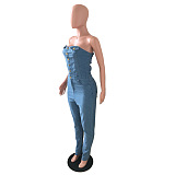 WHOLESALE | Denim Blue Off-shoulder Elastic Button Up Jumpsuit