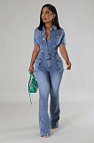 WHOLESALE | Denim Blue Elastic Button Up Jumpsuit