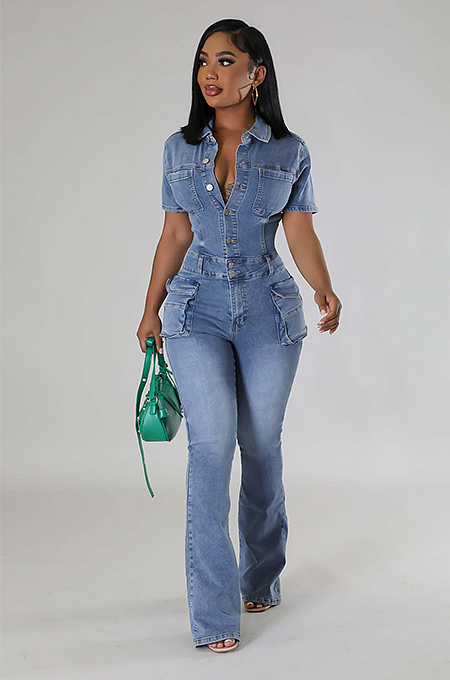 WHOLESALE | Denim Blue Elastic Button Up Jumpsuit