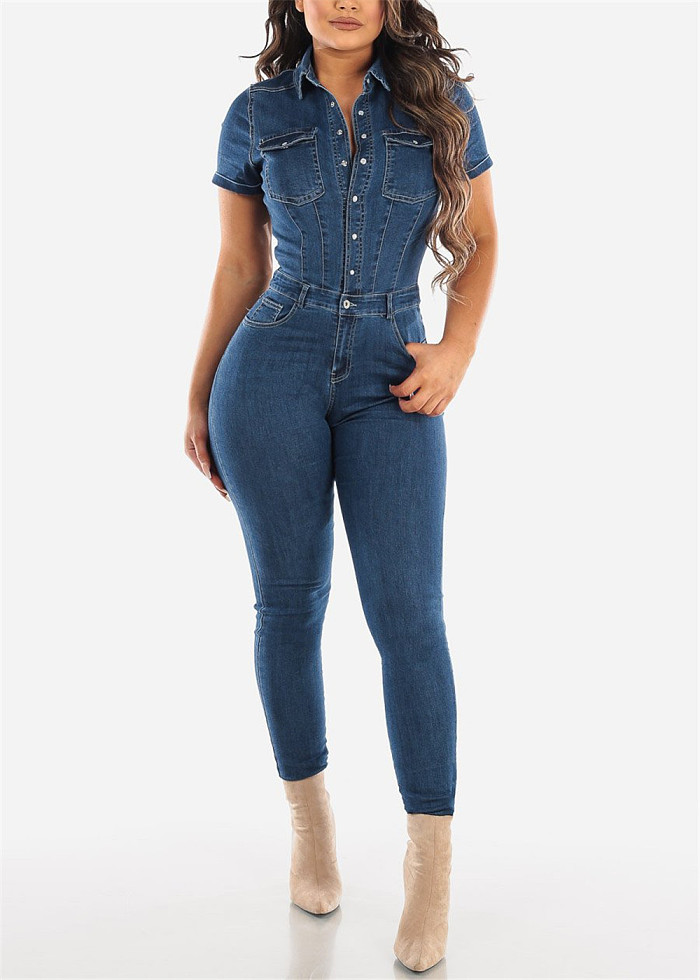 WHOLESALE | Denim Blue Elastic Button Up Jumpsuit