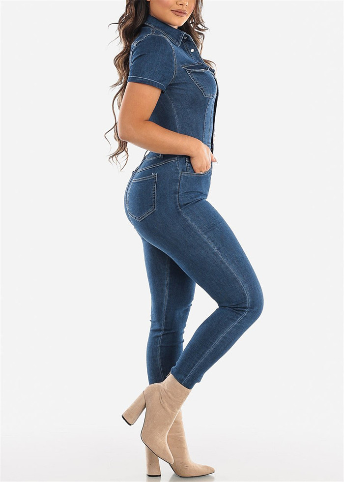 WHOLESALE | Denim Blue Elastic Button Up Jumpsuit