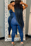 WHOLESALE | Denim Blue Off-shoulder Elastic Button Up Jumpsuit