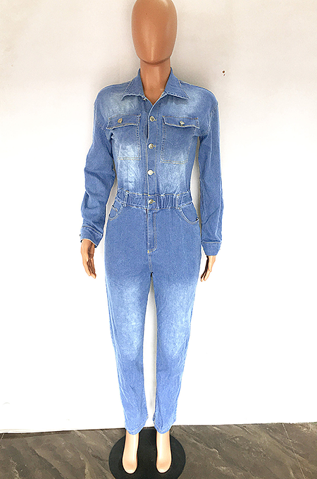 WHOLESALE | Denim Blue Elastic Button Up Jumpsuit