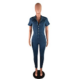 WHOLESALE | Denim Blue Elastic Button Up Jumpsuit