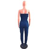 WHOLESALE | Denim Blue Off-shoulder Elastic Button Up Jumpsuit