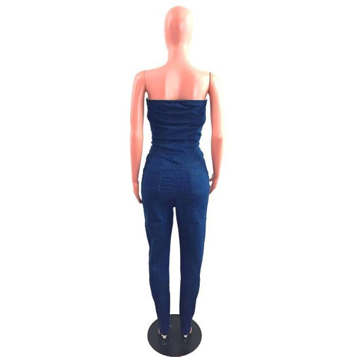 WHOLESALE | Denim Blue Off-shoulder Elastic Button Up Jumpsuit