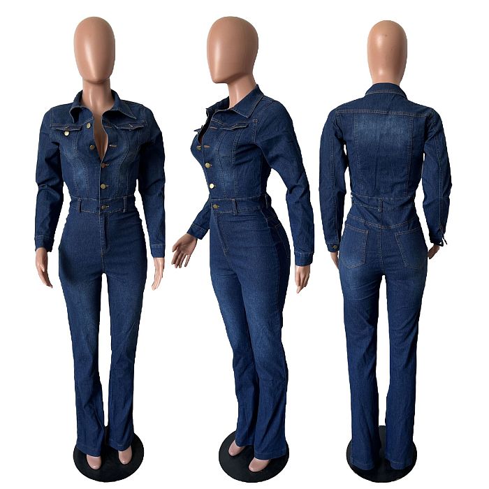WHOLESALE | Dark Blue Elastic Button Up Jumpsuit