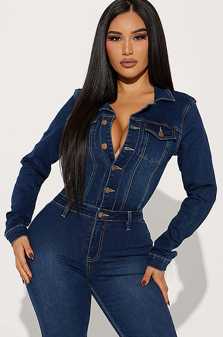 WHOLESALE | Dark Blue Elastic Button Up Jumpsuit