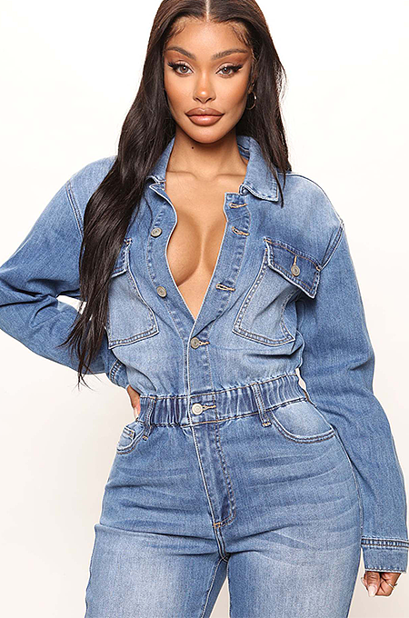 WHOLESALE | Denim Blue Elastic Button Up Jumpsuit