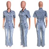 WHOLESALE | Denim Blue Elastic Button Up Jumpsuit