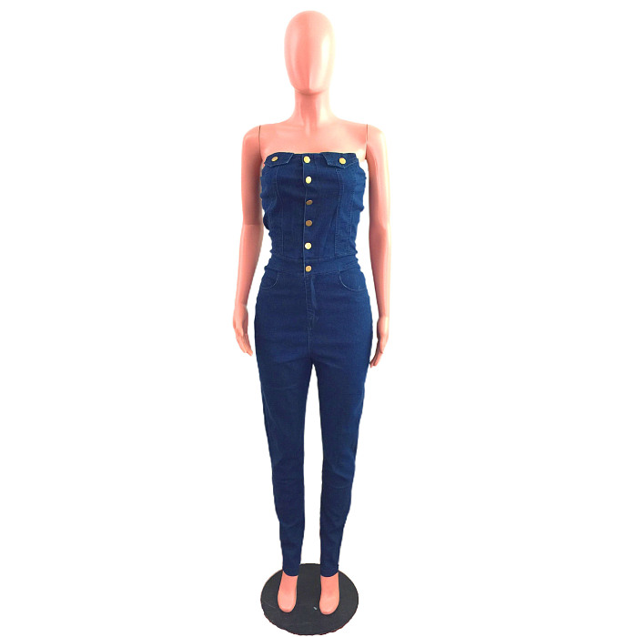 WHOLESALE | Denim Blue Off-shoulder Elastic Button Up Jumpsuit