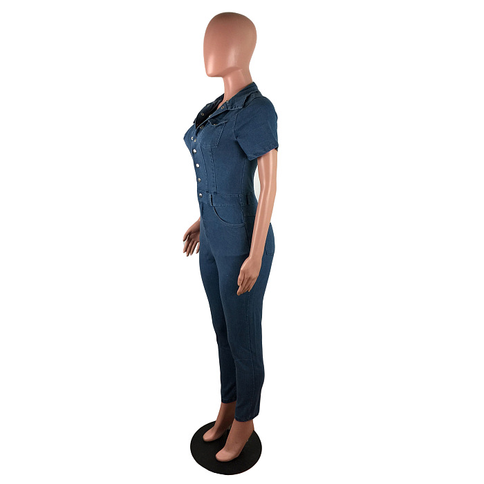 WHOLESALE | Denim Blue Elastic Button Up Jumpsuit
