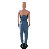 WHOLESALE | Denim Blue Off-shoulder Elastic Button Up Jumpsuit