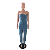 WHOLESALE | Denim Blue Off-shoulder Elastic Button Up Jumpsuit