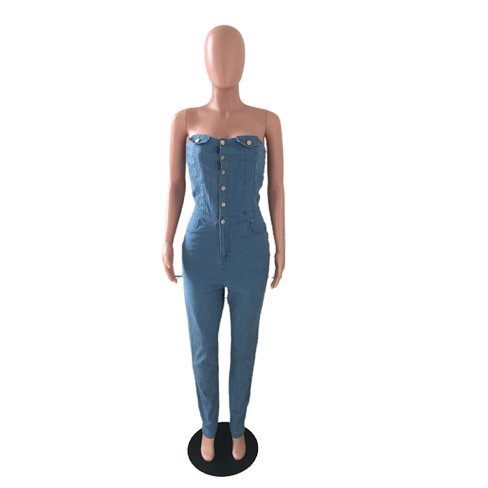 WHOLESALE | Denim Blue Off-shoulder Elastic Button Up Jumpsuit