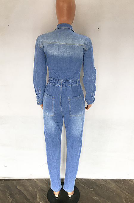 WHOLESALE | Denim Blue Elastic Button Up Jumpsuit