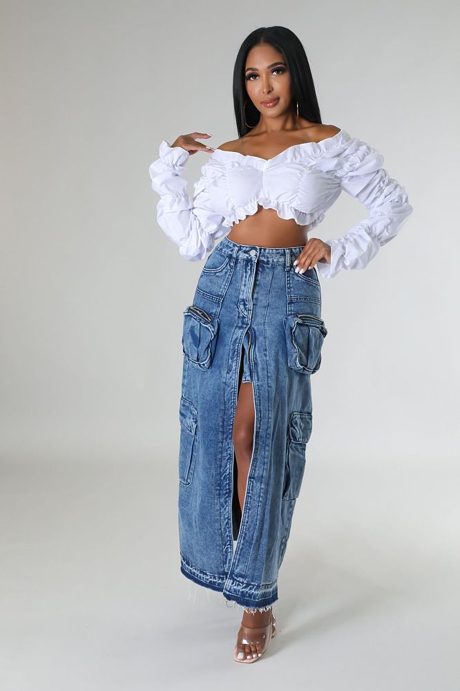 WHOLESALE | Denim Pockets Front Split Skirt
