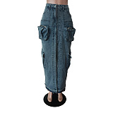 WHOLESALE | Denim Pockets Front Split Skirt