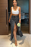 WHOLESALE | Denim Pockets Front Split Skirt