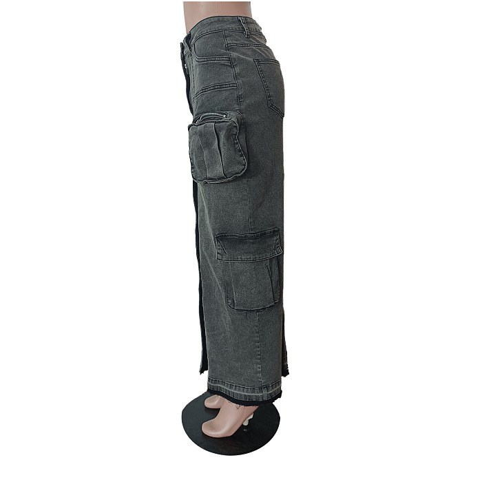 WHOLESALE | Denim Pockets Front Split Skirt