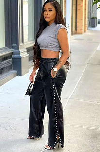 SUPER WHOLESALE | Rivet Deco Pu Material Pants