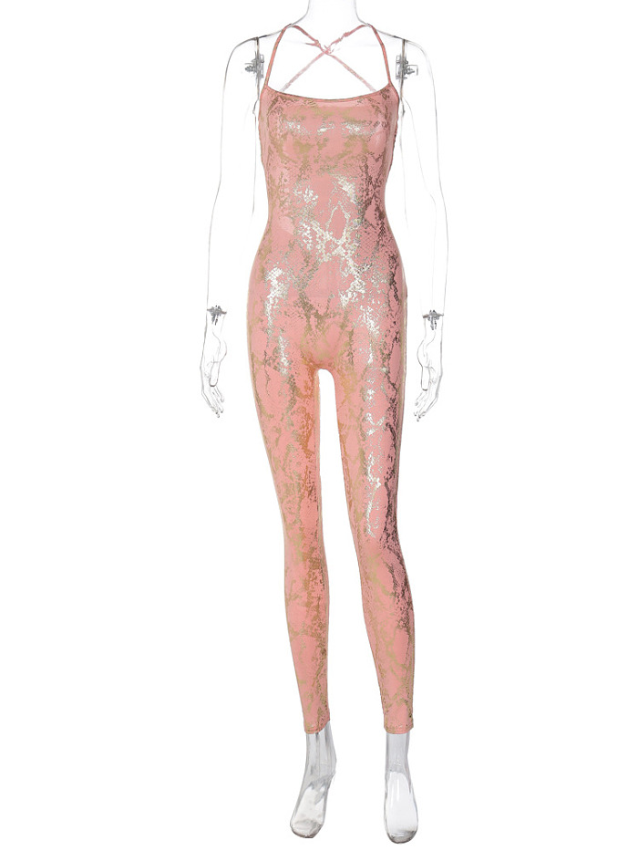 SUPER WHOLESALE | Women's Bodycon Sleeveless Jumpsuit with Hot Stamping