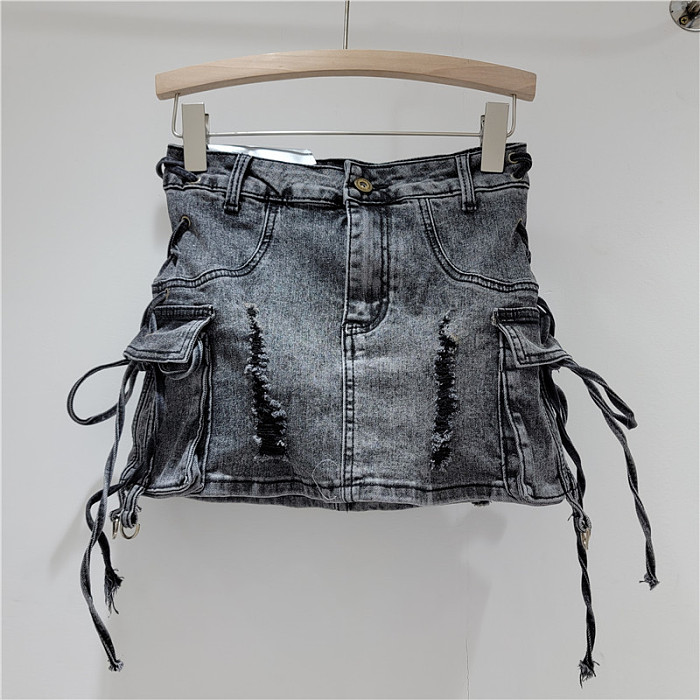 SUPER WHOLESALE | Distress Straps Decor Skirt