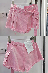 SUPER WHOLESALE | Bucklet Tassel Hem Shorts in Pink