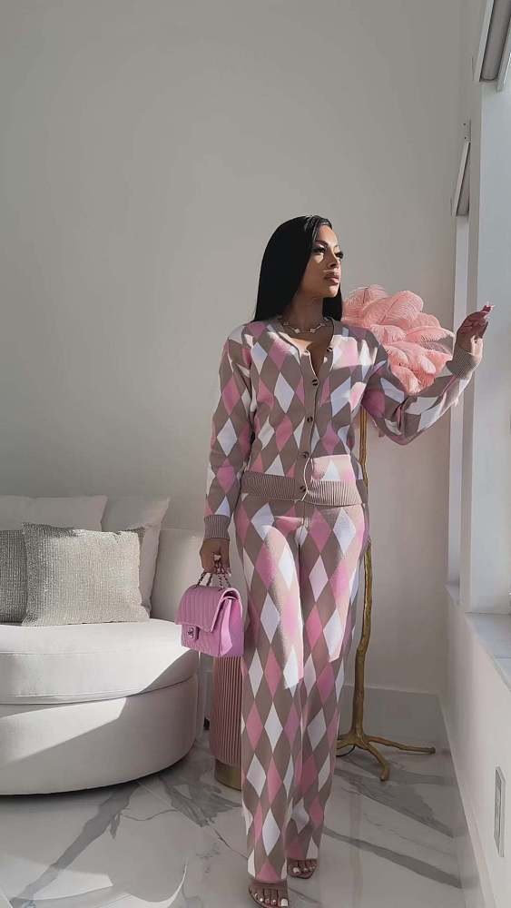 SUPER WHOLESALE | Knitted Sweater Diamond Grid Open Front Two-piece Set