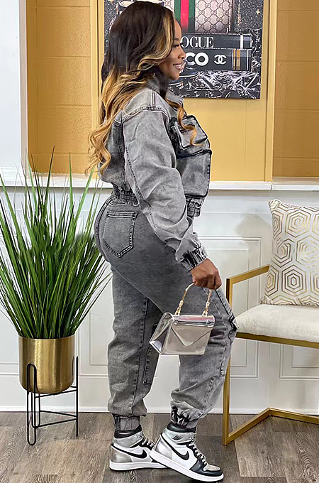 SUPER WHOLESALE |  Grey Pockets Denim Pants Set